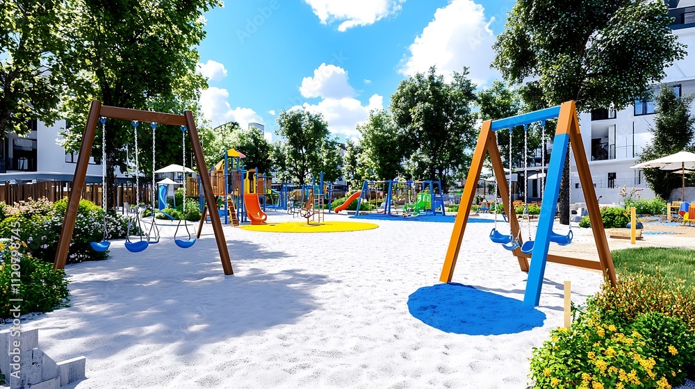 Sunny Day at Modern Playground with Swings and Slides Sunny Day at Modern Playground with Swings and Slides