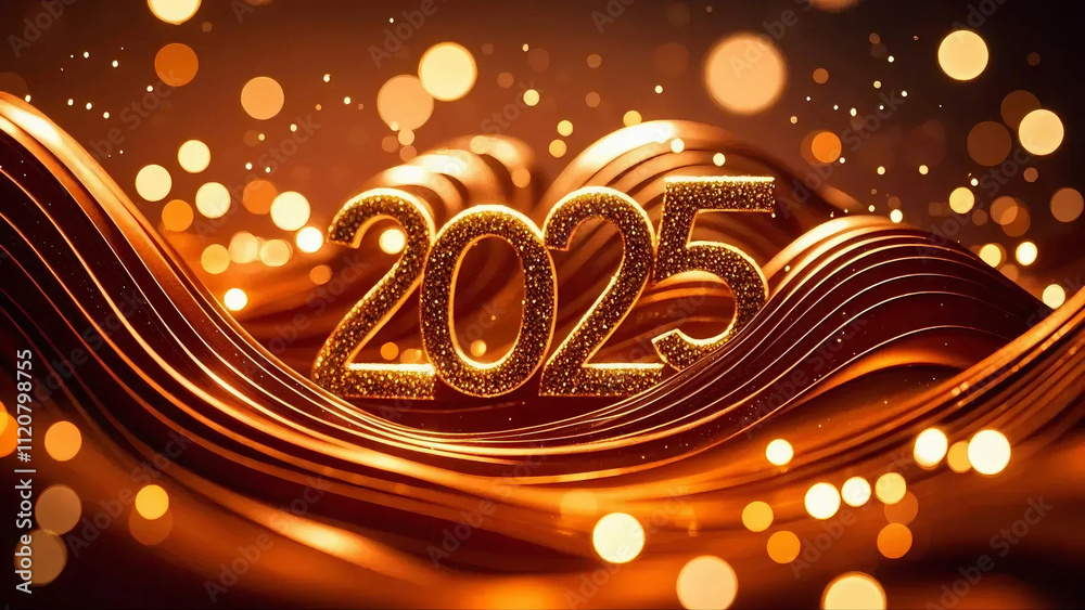 happy new year 2025 gold text giltter background with glowing lights