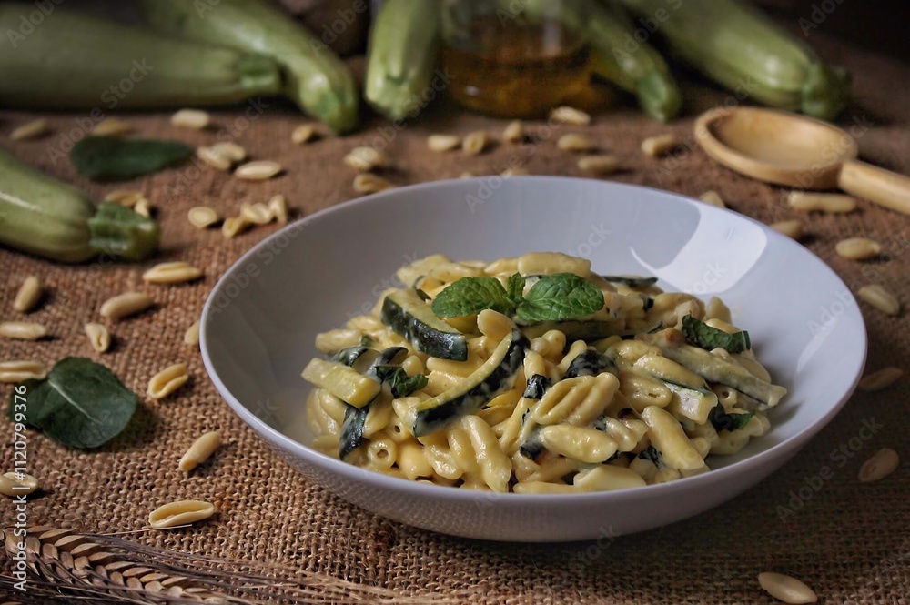 Creamy Pasta with Zucchini and Mint Garnish Creamy Pasta with Zucchini and Mint Garnish