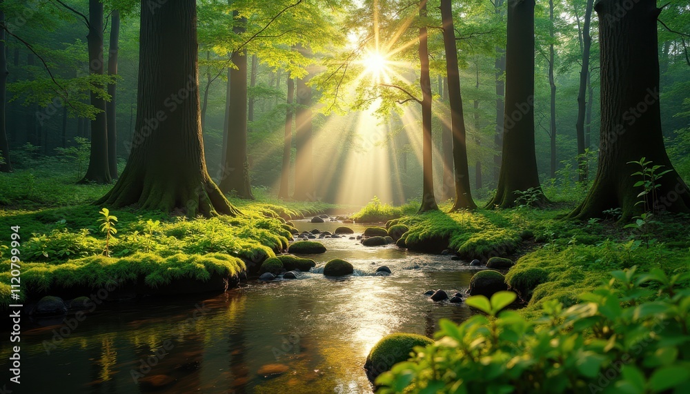 Fototapeta premium Serene forest landscape with tall ancient trees, sunrays breaking through the canopy, soft green moss covering the forest floor, and a babbling brook running through the scene.
