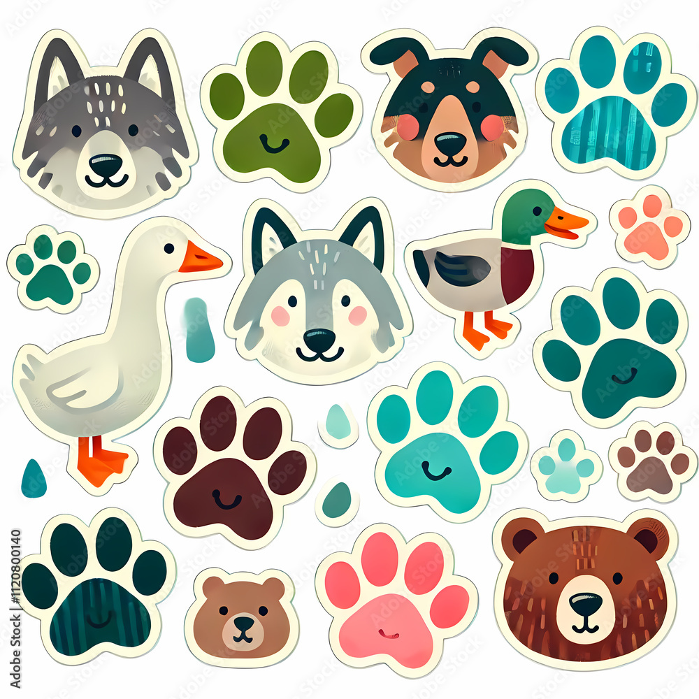 Fototapeta premium Cute pre-school animal sets, vector illustraions, patterns, fish, lizards, cows farm animals, pigs, bees, birds, gecko, lady bugs, wolves, jellyfish, insects. stickers for kids and pre-school 