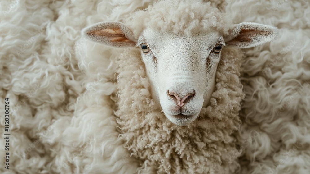 Close-up portrait of a fluffy sheep, showcasing its soft wool and gentle expression. Close-up portrait of a fluffy sheep, showcasing its soft wool and gentle expression.