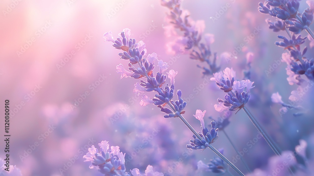 Softfocus closeup of lavender in bloom, pastel colors blending into a soft background, gentle morning light illuminating the flowers