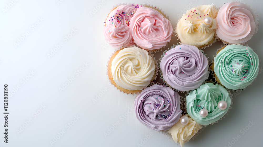 Fototapeta premium Heart-Shaped Arrangement of Pastel-Colored Cupcakes with Delicate Decorations