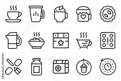 Breakfast, oatmeal related editable stroke outline icons set isolated flat vector illustration on white background.