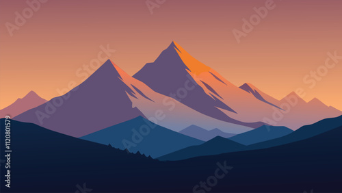 Bright sun illuminates a majestic mountain range, partially shrouded in soft, ethereal fog flat vector illustration natural background