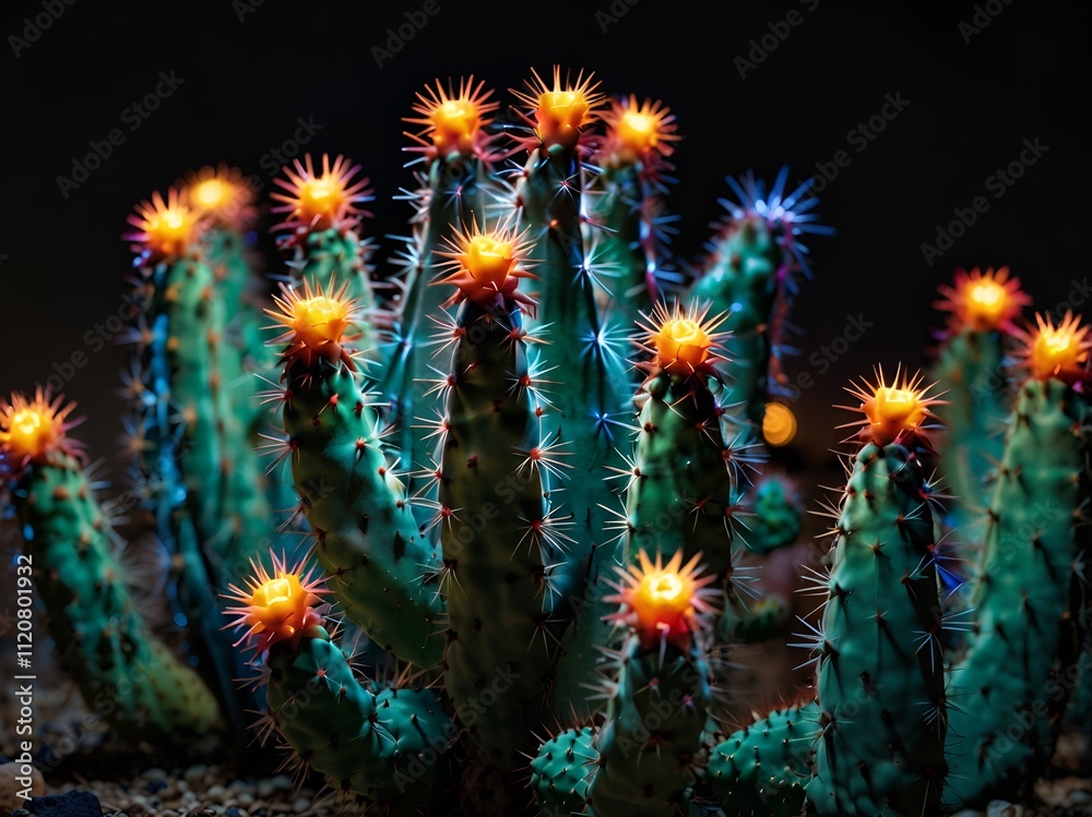 A spiraling cactus with neon-colored spines that light up at night A spiraling cactus with neon-colored spines that light up at night
