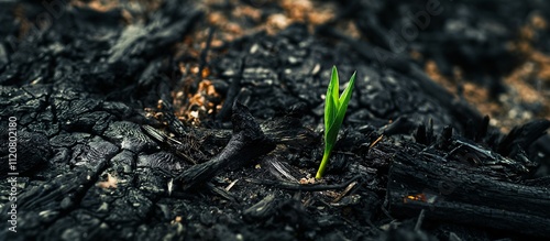 New Green Sprout Growing From Burnt Ground, Concept of Survival, Hope