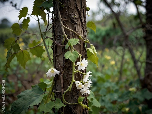 A mysterious vine with flowers that hum softly when touched by the wind photo