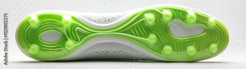 Close-up of a soccer cleat's bottom, showcasing its white upper and vibrant lime green sole with intricate stud patterns.