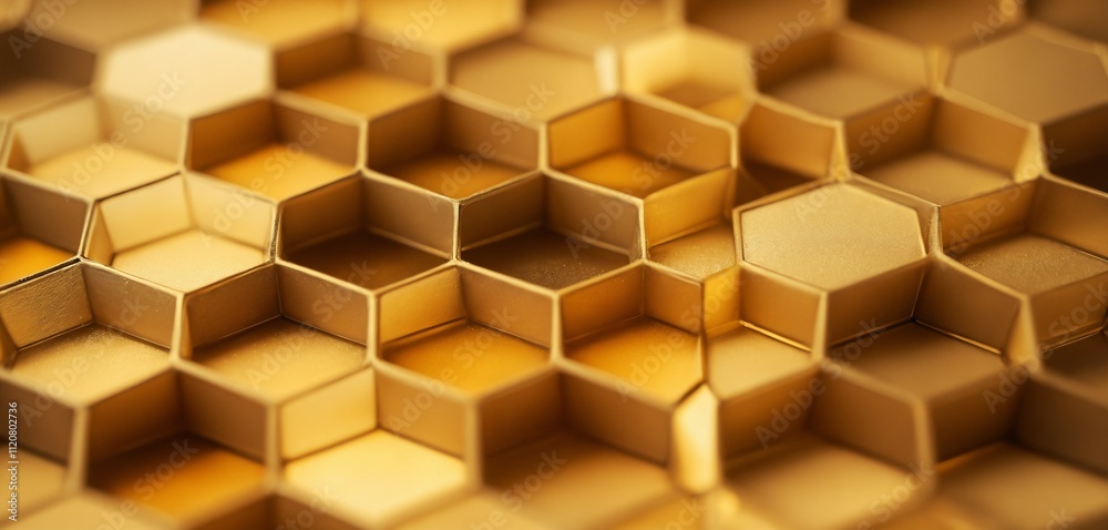 Macro shot of hexagonal patterns glowing in softly blurred golden hues Macro shot of hexagonal patterns glowing in softly blurred golden hues