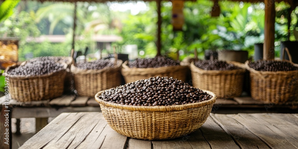Baskets filled with coffee beans in a tropical setting. Baskets filled with coffee beans in a tropical setting.