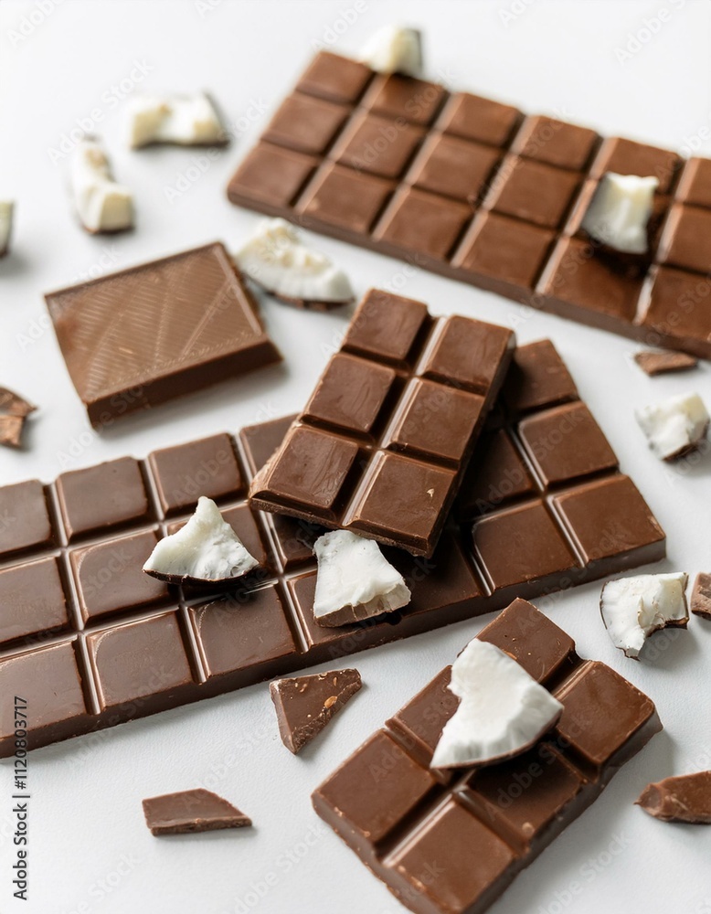 Milk chocolate bars and coconut pieces on a white background. Sweet treat. Milk chocolate bars and coconut pieces on a white background. Sweet treat.