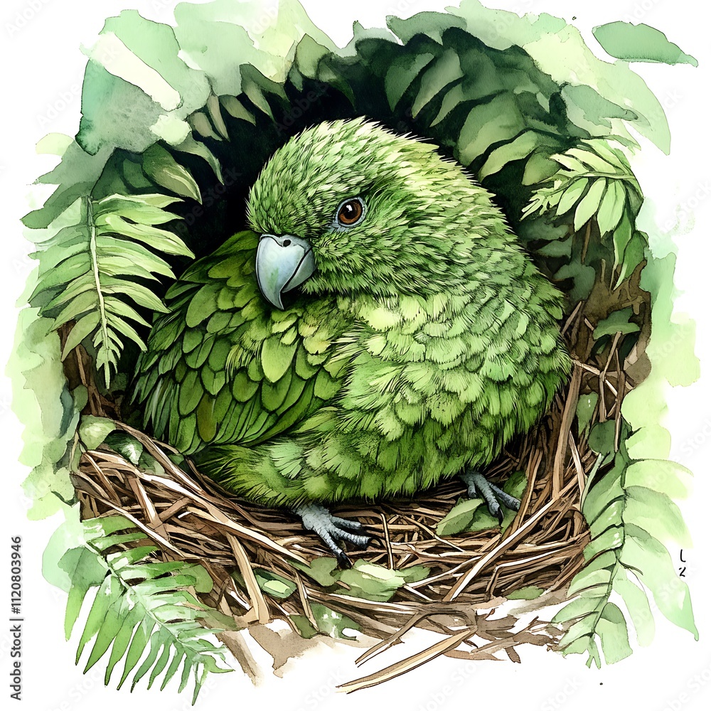 Fototapeta premium Watercolor Painting of a Kea Parrot Resting in its Nest Amidst Lush Green Ferns.