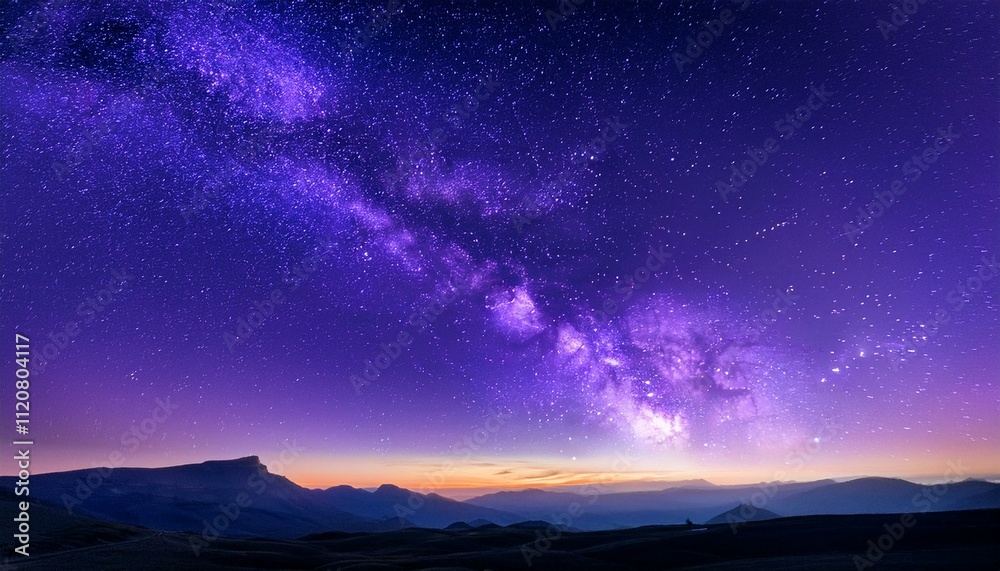 Majestic Milky Way galaxy arches over a serene mountain landscape at twilight. Majestic Milky Way galaxy arches over a serene mountain landscape at twilight.