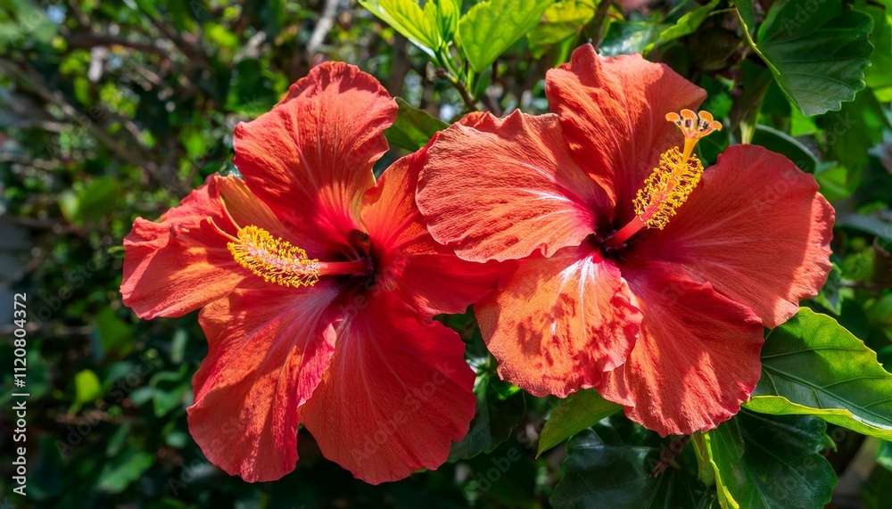 Two vibrant red hibiscus flowers in full bloom, bathed in sunlight. Two vibrant red hibiscus flowers in full bloom, bathed in sunlight.