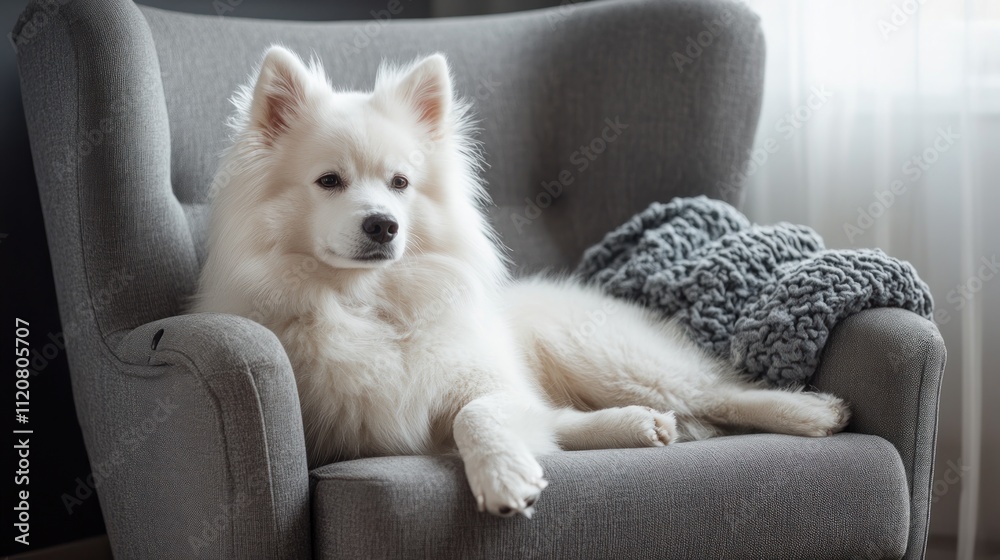 A fluffy white dog lounging on a cozy chair. A fluffy white dog lounging on a cozy chair.