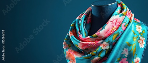 Teal floral silk scarf draped on mannequin.