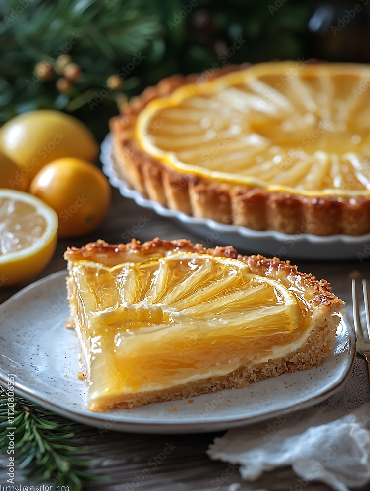A slice of delicious lemon tart on a plate, with the whole tart in the background. A slice of delicious lemon tart on a plate, with the whole tart in the background.