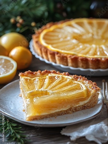 A slice of delicious lemon tart on a plate, with the whole tart in the background.