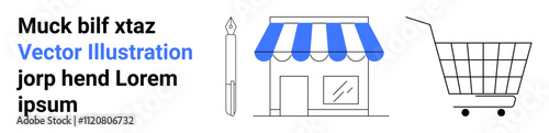 Shopping cart, storefront with blue awning, and fountain pen. Ideal for e-commerce themes, retail, online shopping tutorials, marketing campaigns, business presentations, web design, startup pitches