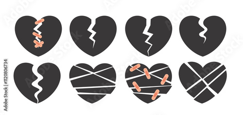 Broken heart shape clipart icon set. Black love heart icon in crack, cleaving and fixed bandage symbol elements for broken hearted clip art collection. Vector illustration valentine's day 