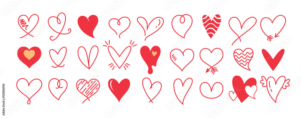 Heart clipart shape outline set. Red love heart clip art icon hand drawn collection in doodle sketch graphic sign for valentine's day. Vector illustration valentine drawing style symbol.
