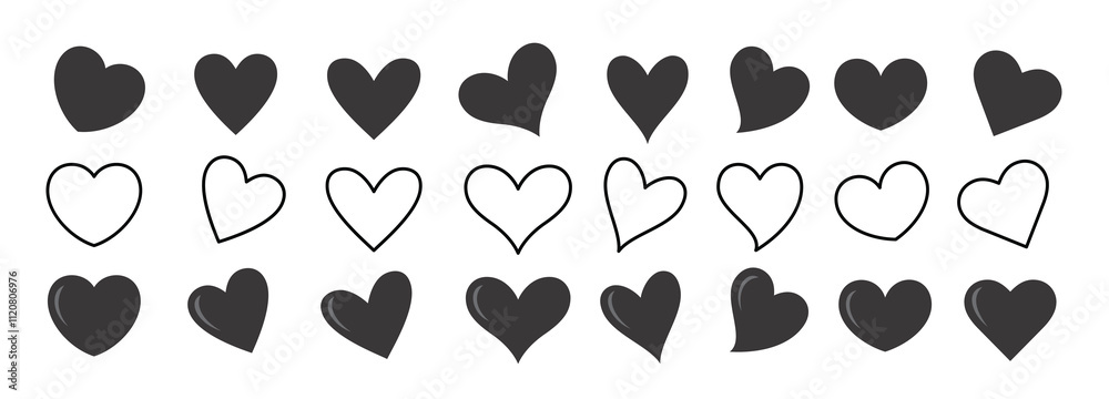 Heart black love shape clip art icon set. Black heart icon clip art outline decoration for valentine, wedding and anniversary symbol drawing elements collection. Vector illustration valentine's day 