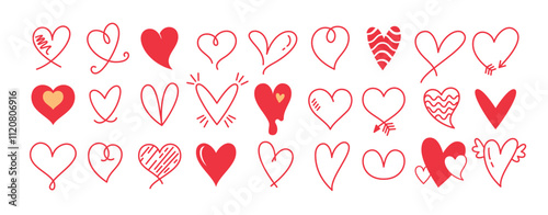 Heart clipart shape outline set. Red love heart clip art icon hand drawn collection in doodle sketch graphic sign for valentine's day. Vector illustration valentine drawing style symbol.
