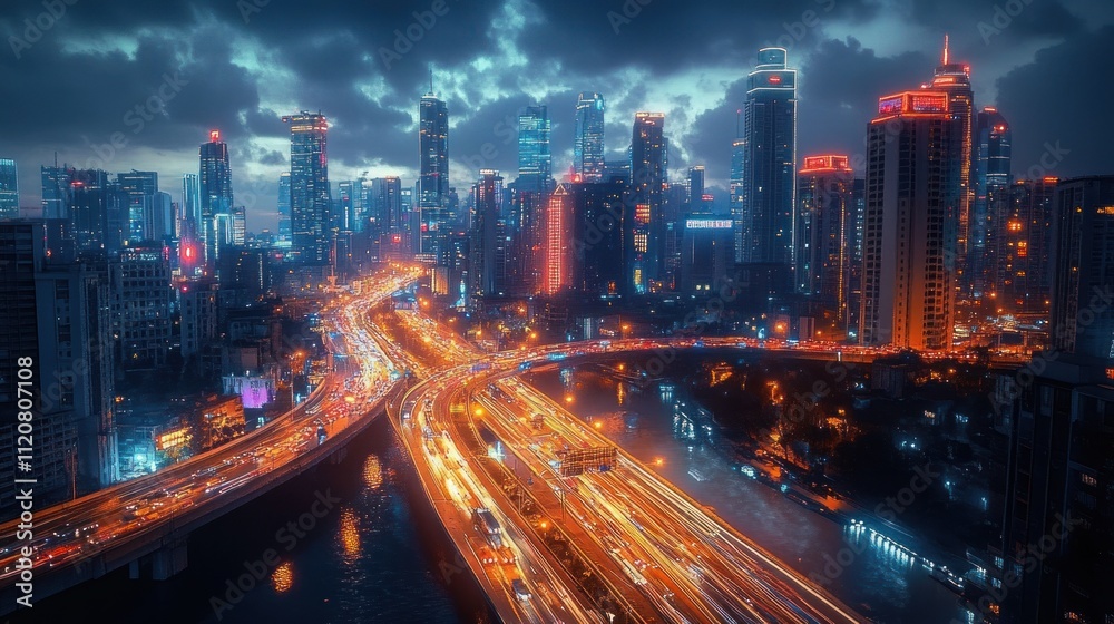 Fototapeta premium Urban Nightscape Smart City Transformation Development with 5G Technology and Neon Lights