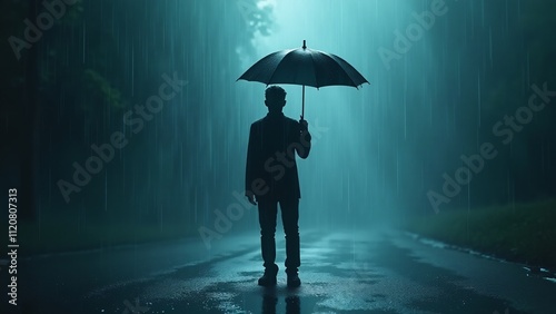 Silhouette standing under heavy rain with a broken umbrella. Reflective puddles and stormy tones evoke the unrelenting emotional weight of depression. photo