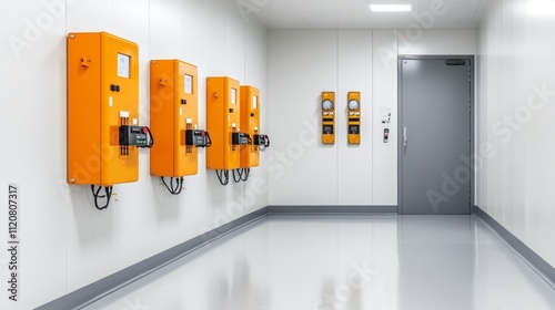 Elevated electrical panels in a flood-prone basement setting.