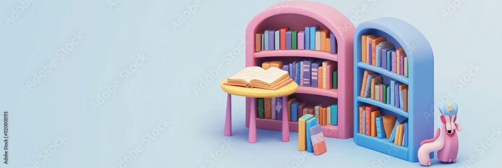 Colorful bookshelf scene with reading materials. Colorful bookshelf scene with reading materials.