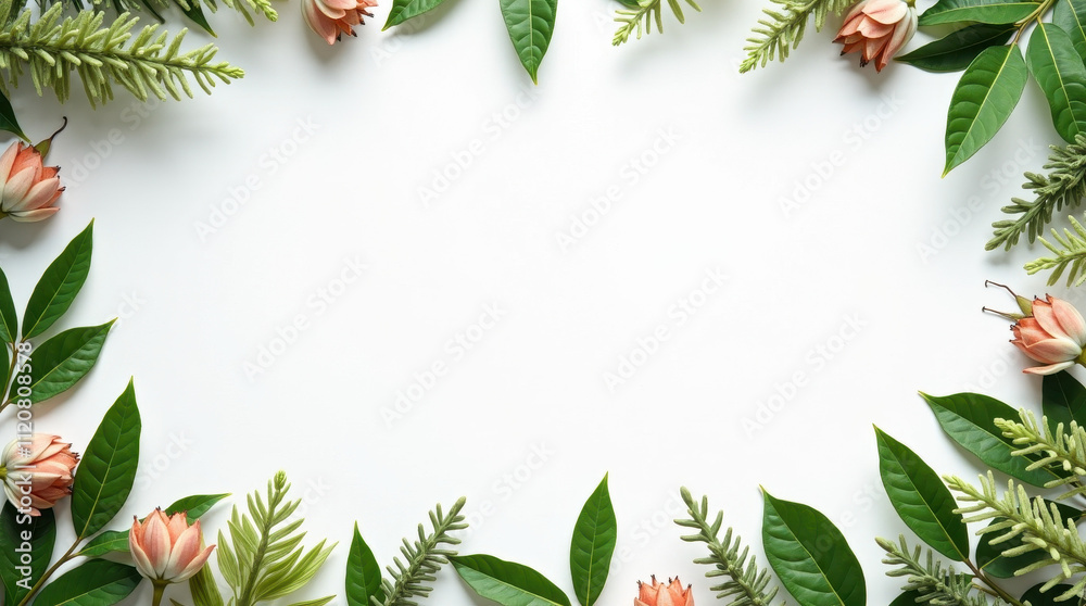 Floral Frame Border with Green Leaves and Pink Flowers - Perfect for Invitations, Cards, and Background Design Floral Frame Border with Green Leaves and Pink Flowers - Perfect for Invitations, Cards, and Background Design