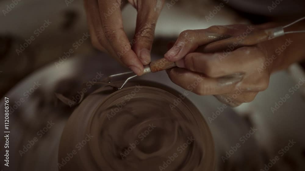 Close-Up Of Trimming Pottery Foot With Loop Tool