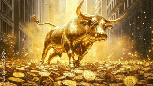 The golden bull shines in the sunlight, with many small gold coins scattered around it. The surreal details and soft lighting represent wealth, prosperity, and financial success, from a side view.