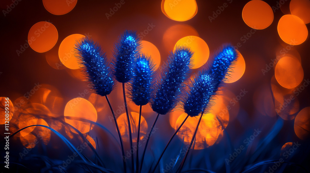 Blue Flowers Against an Orange Bokeh Background Blue Flowers Against an Orange Bokeh Background