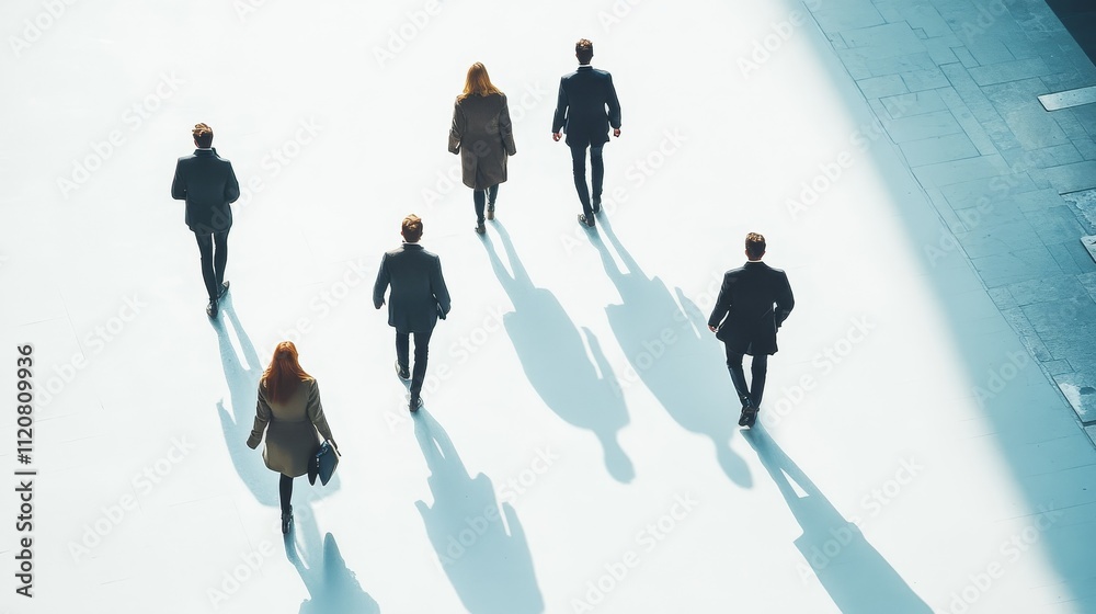 Overhead shot of people walking diagonally on a white background with accentuated shadows, showcasing a dynamic Dutch angle and modern movement, ideal for editorial use and fashion concepts. Overhead shot of people walking diagonally on a white background with accentuated shadows, showcasing a dynamic Dutch angle and modern movement, ideal for editorial use and fashion concepts.