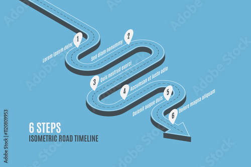 Isometric navigation map infographic 6 steps timeline concept.