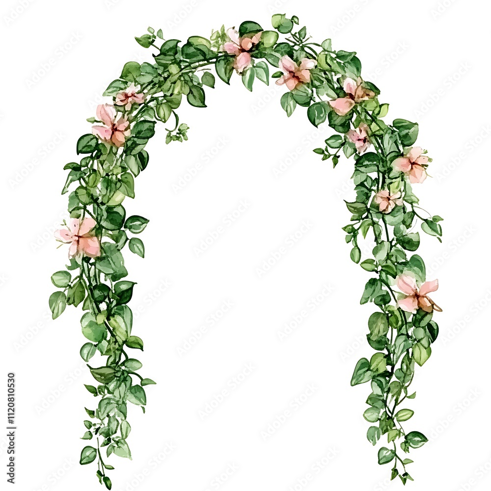 Fototapeta premium Watercolor illustration of a floral archway design featuring delicate pink flowers and lush green leaves, perfect for wedding invitations or decorative elements.
