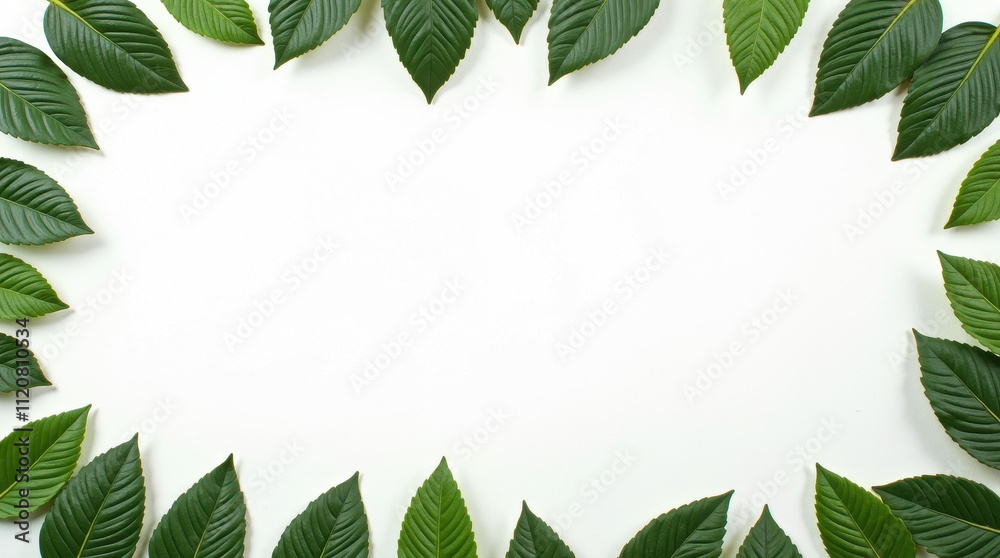 Minimalistic Photograph of Green Leaves Border on White Background for Natural Themed Designs and Copy Space Minimalistic Photograph of Green Leaves Border on White Background for Natural Themed Designs and Copy Space