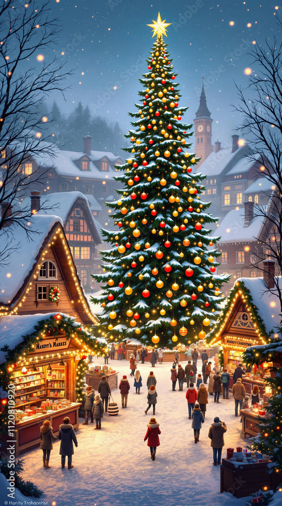 Snowy Christmas Market with Festive Stalls and Lights Background