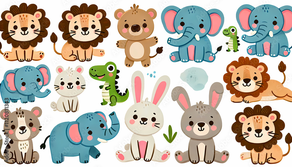 Obraz premium Cute pre-school animal sticker sets, Fish, Birds, Lizards, geckos, bears, wolves, dogs, cats, elephants, farm animals vector illustration for kids