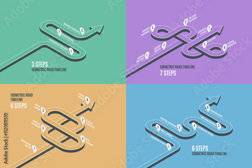 Isometric navigation map infographic 4-6 steps timeline concept.