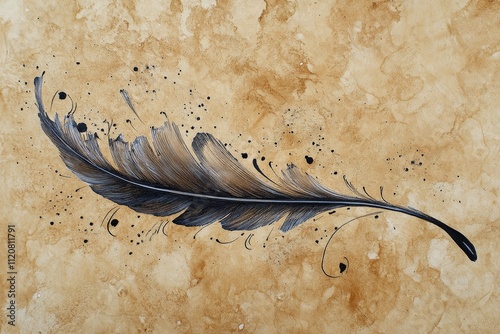 A detailed, artistic rendering of a feather against a textured, vintage-style background. This AI-generated image is ideal for designs requiring natural or rustic aesthetics. AI generated. photo