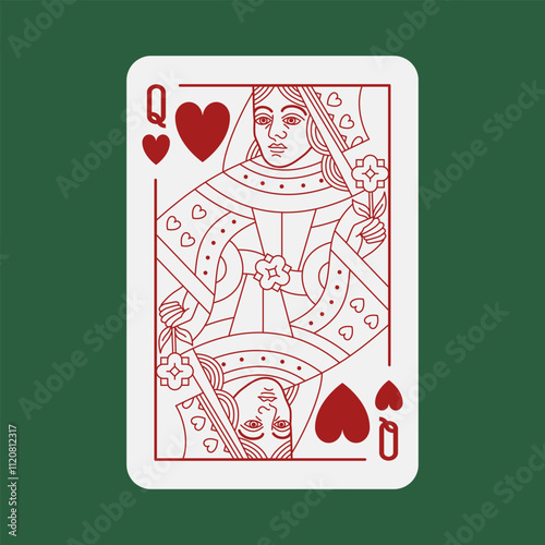 Queen of Hearts Poker playing card. Cartoon female figure and face. Casino gambling design element. Vector illustration with editable stroke line.