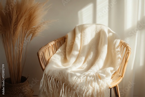 Cozy blanket draped over a stylish chair. photo