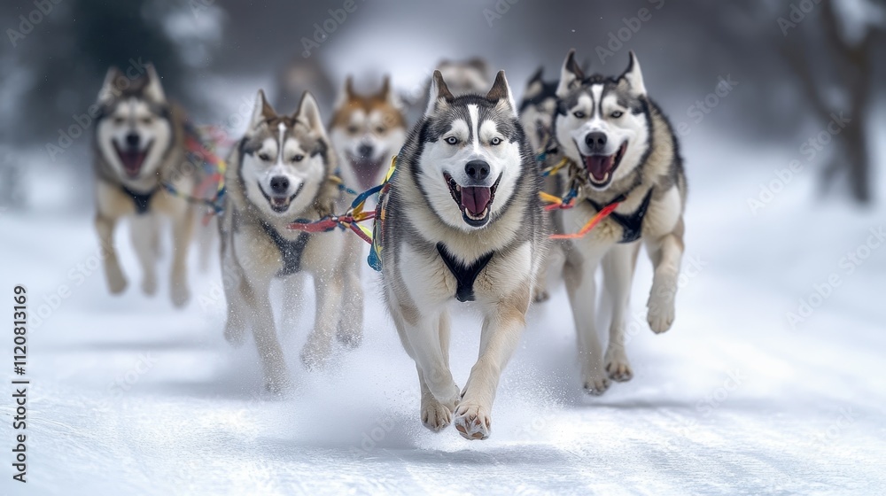 Fototapeta premium Dynamic Team of Huskies Running at Full Speed Through a Snowy Landscape in a Dog Sledding Adventure Scene with Snowflakes Glimmering