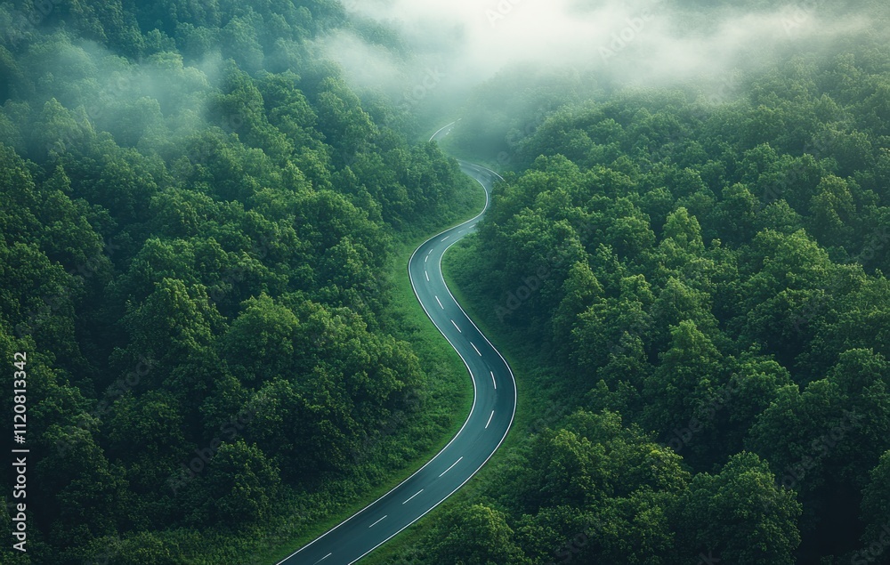 Aerial view of hydrogen energy truck driving through lush green forest on highway road sustainable transportation Aerial view of hydrogen energy truck driving through lush green forest on highway road sustainable transportation