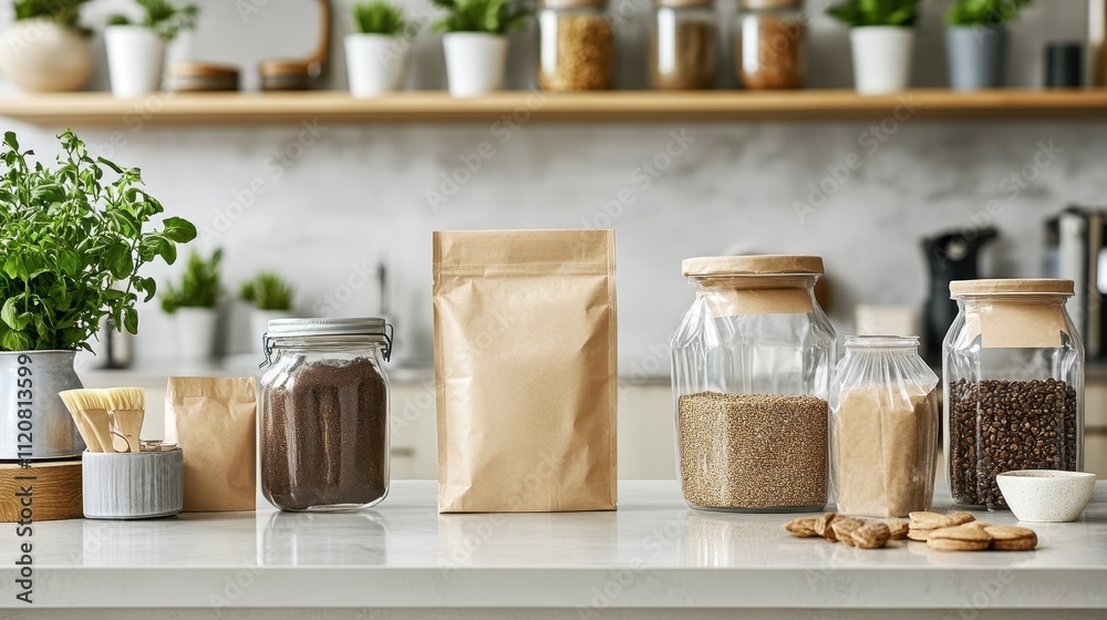 Fresh and Healthy Kitchen Display with Various Jars and Containers of Grains, Seeds, and Spices on a Bright Modern Countertop Fresh and Healthy Kitchen Display with Various Jars and Containers of Grains, Seeds, and Spices on a Bright Modern Countertop